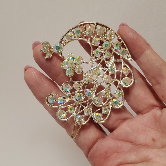 â˘Silvertone Aurora Borealis rhinestones⢠peacock hair barretteâ˘Sparkly! - Picture 4 of 13